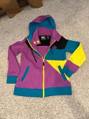 NOMIS Girls' Colorblock Hooded Zip Jacket in Purple, Teal & Yellow size M